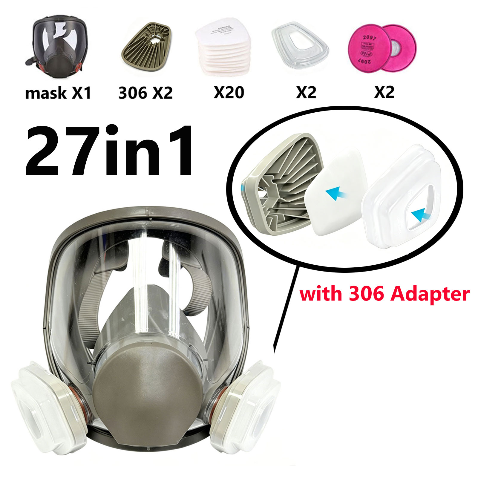 Woodworking Respirator - 6800 풀페이스 호흡기(306 필터 어댑터 포함),